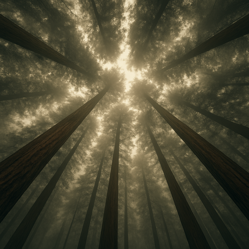 Tall coniferous trees reaching into a misty sky